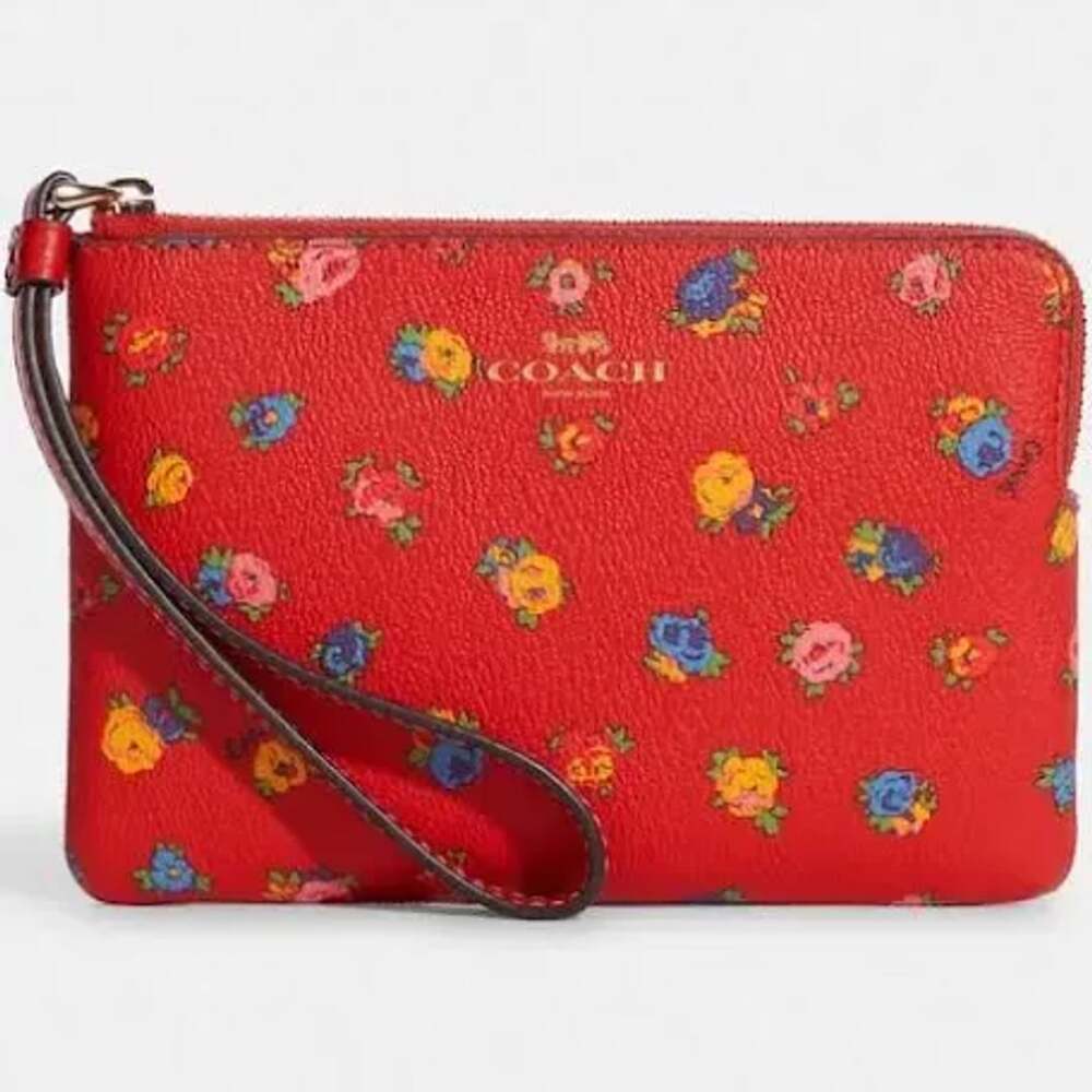 Coach Floral Print Red Leather Small  Wristlet